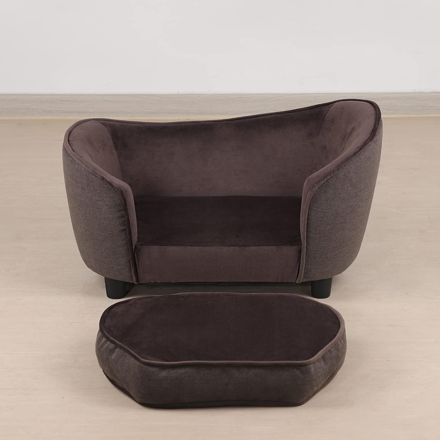 Pet Sofa Bed, Velvet & Linen Fabric Pet Couch Chair with Removeable & Washable Cushion for Small Dogs Cats (Brown)