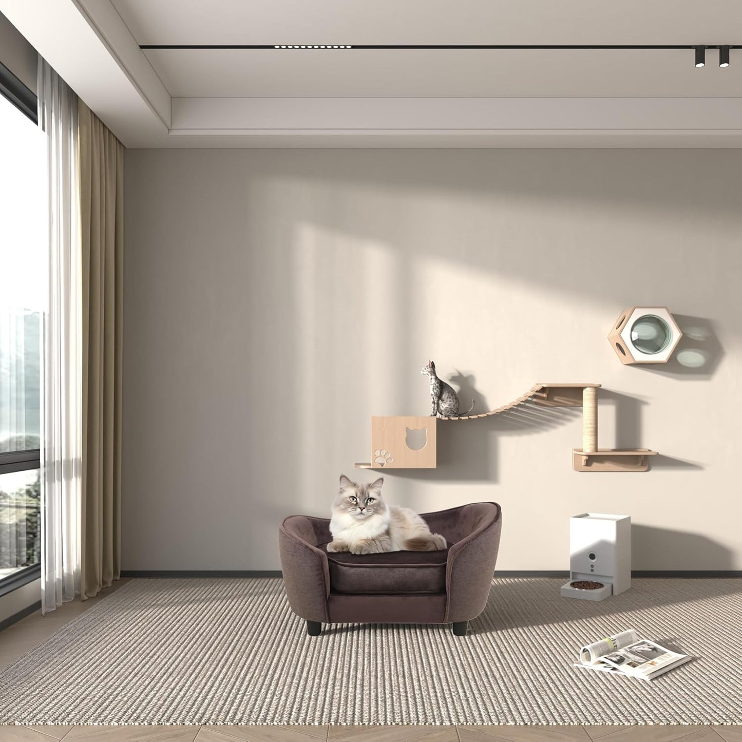 Pet Sofa Bed, Velvet & Linen Fabric Pet Couch Chair with Removeable & Washable Cushion for Small Dogs Cats (Brown)