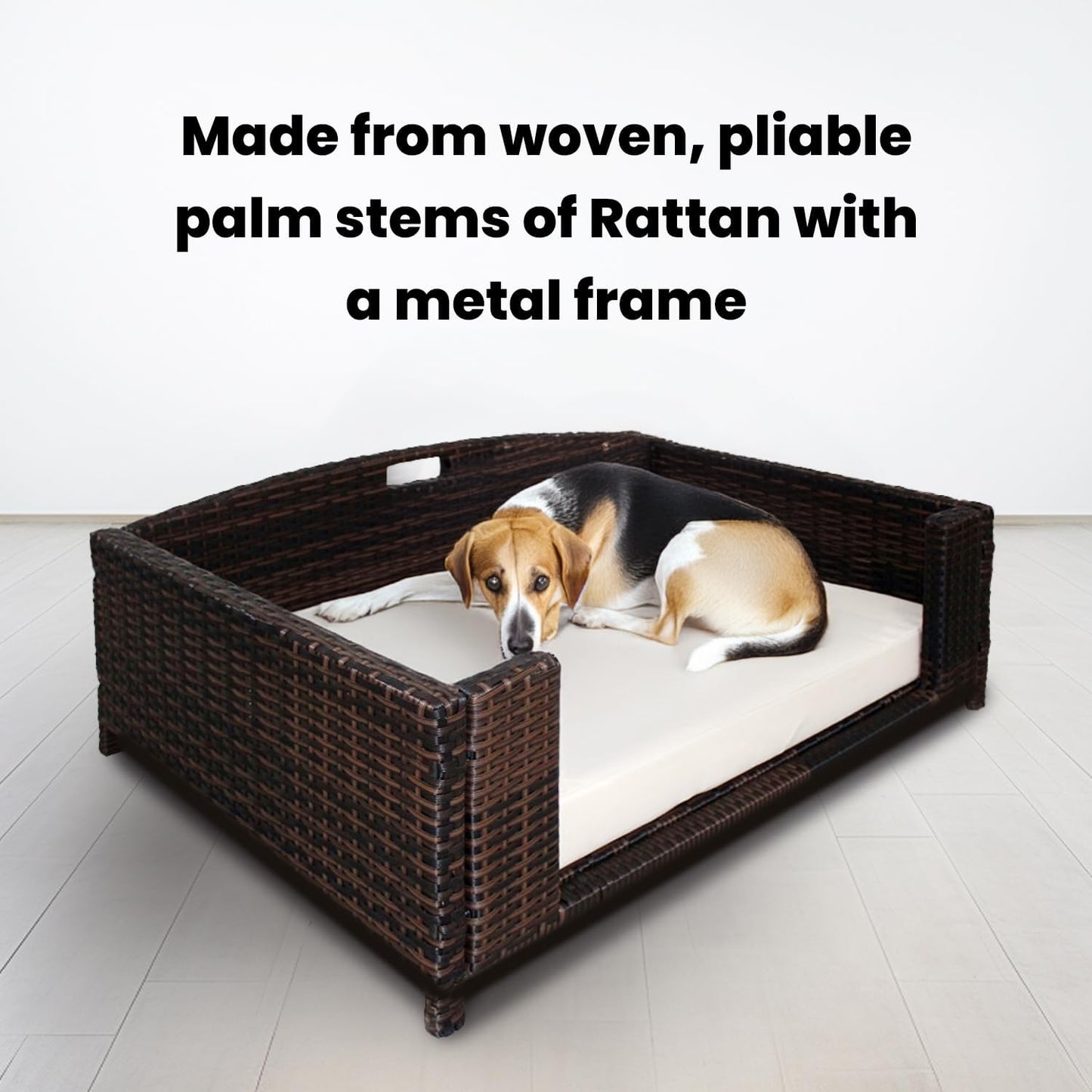 Rectangular Rattan/Wicker Pet Bed, Metal Frame Indoor/Outdoor Furniture Pet Sofa/Couch for Dogs & Cats, Woven Rattan Dog Bed Water Resistant, Machine Washable Cushion Cover-Medium