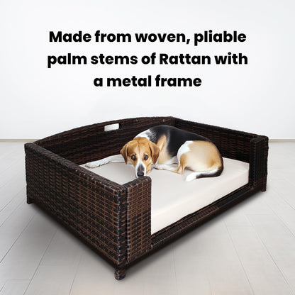 Rectangular Rattan/Wicker Pet Bed, Metal Frame Indoor/Outdoor Furniture Pet Sofa/Couch for Dogs & Cats, Woven Rattan Dog Bed Water Resistant, Machine Washable Cushion Cover-Medium