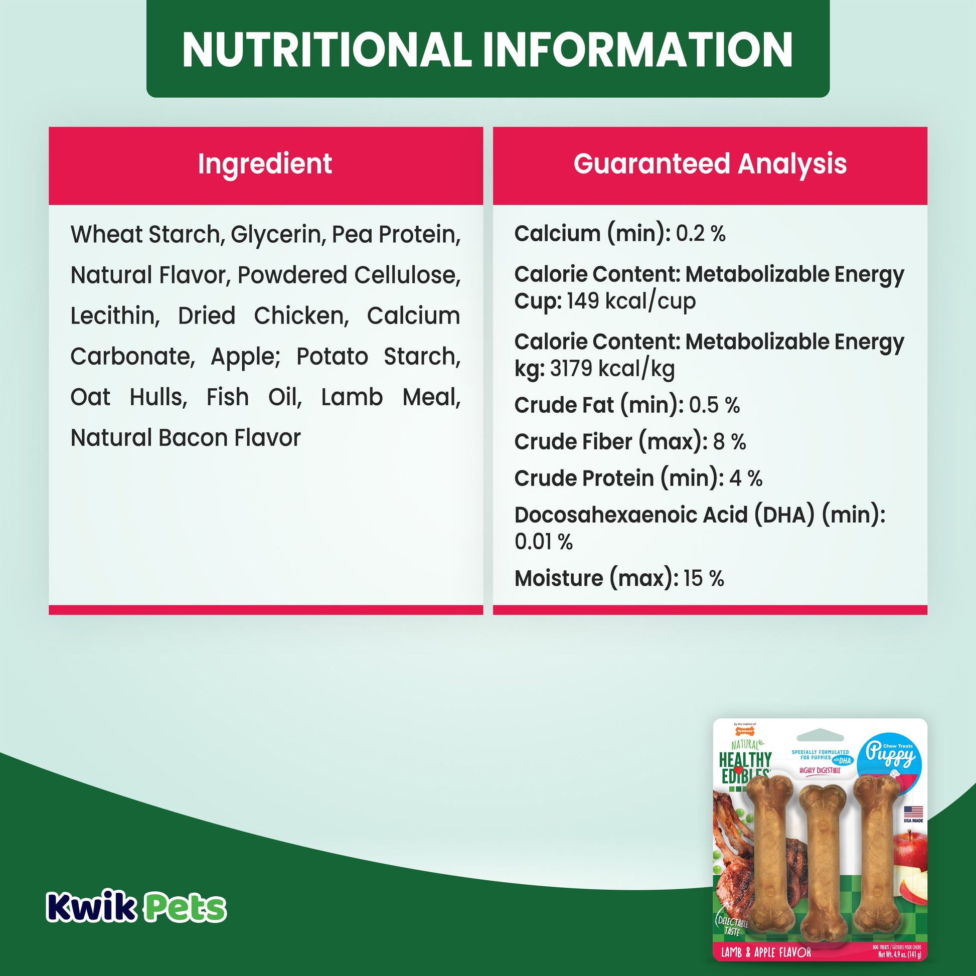 Healthy Edibles Puppy Natural Long Lasting Dog Chew Treats Lamb & Apple/Small/Regular 3 Ct