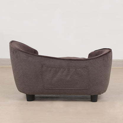 Pet Sofa Bed, Velvet & Linen Fabric Pet Couch Chair with Removeable & Washable Cushion for Small Dogs Cats (Brown)