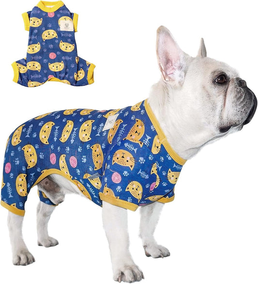 Dog Pajamas with Cute Big Face Cat, Pet Jumpsuit Soft Lightweight Cotton for Small Medium Dog (Blue, Cat, XS)