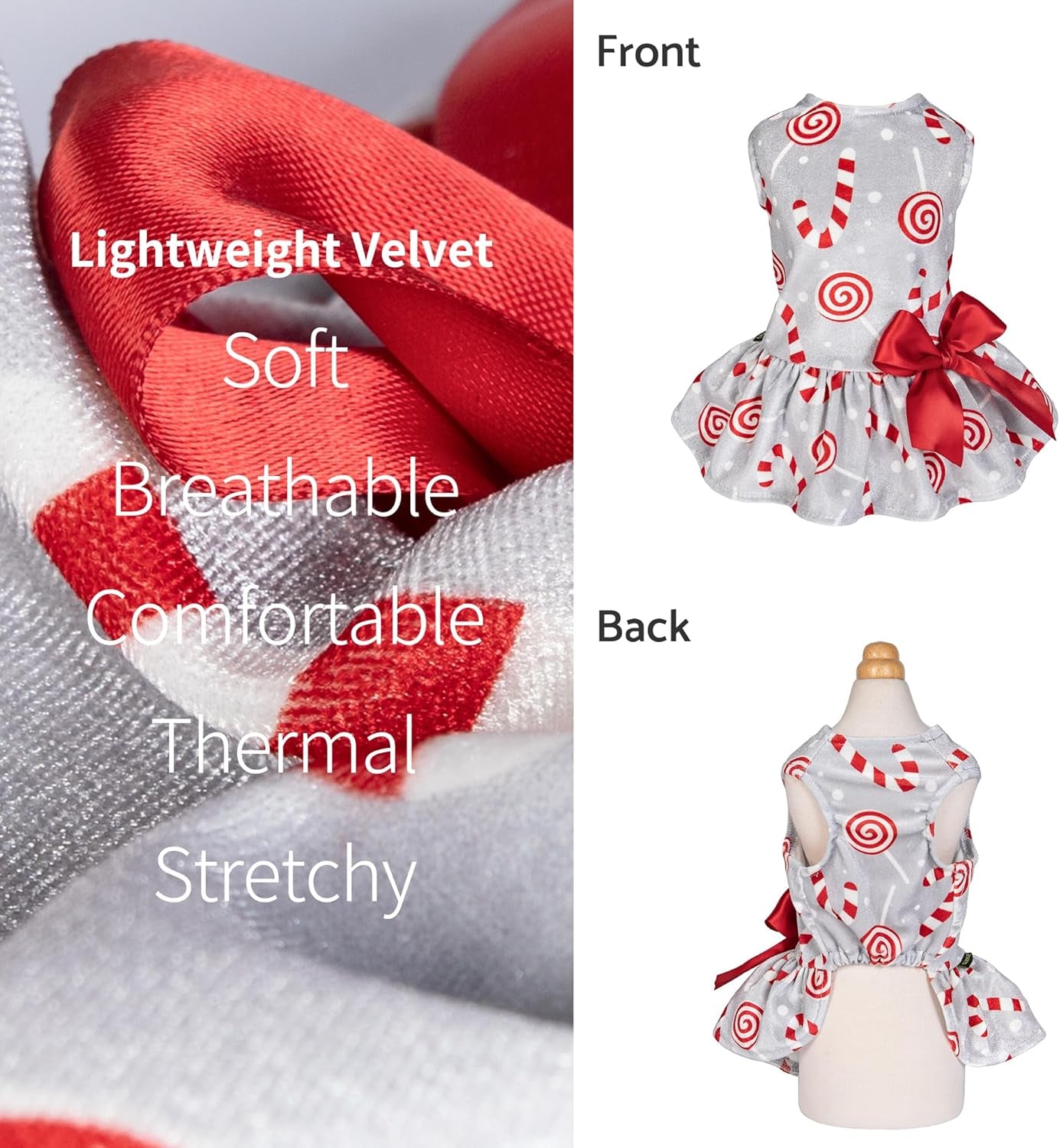 Christmas Candy Canes Dog Dress, Cute Dog Christmas Outfit, Doggy Clothes for Small Dogs Girl, Pet Apparel, Silver, Red, White, Medium