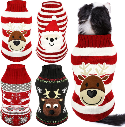 4 Pieces Christmas Dog Sweaters Halloween Puppy Holiday Sweaters Santa Reindeer Snowman Snowflake Pumpkin Pet Clothes for Xmas Dog Cat Costume(Cute Pattern,X-Large)