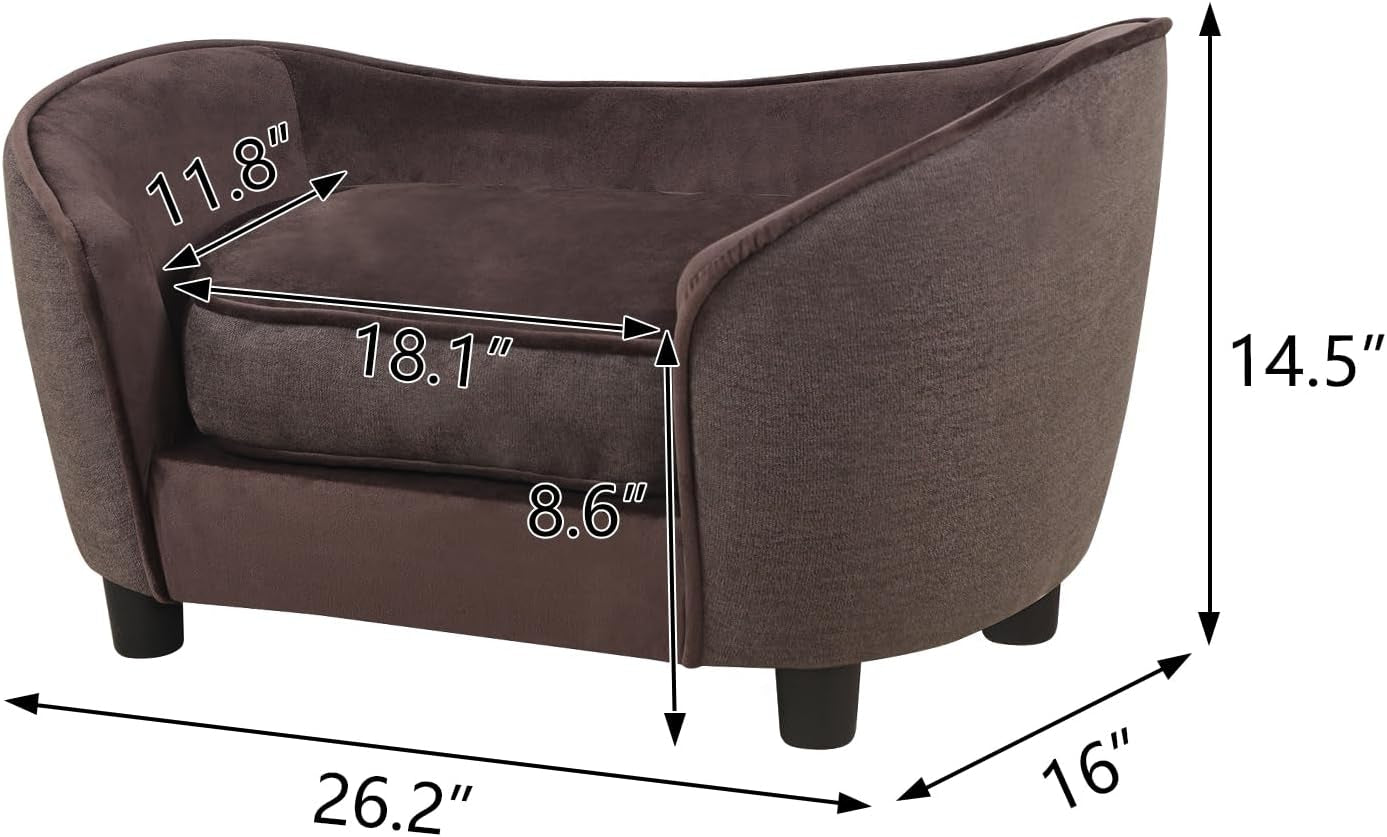 Pet Sofa Bed, Velvet & Linen Fabric Pet Couch Chair with Removeable & Washable Cushion for Small Dogs Cats (Brown)