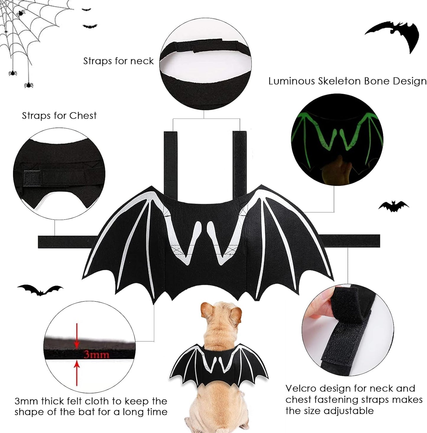 Dog Halloween Costumes, Cool Luminous Skeleton Bone Bat Wings Cosplay Cat Pets Costumes Dress up Apparel Accessories for Kitten Puppies, M