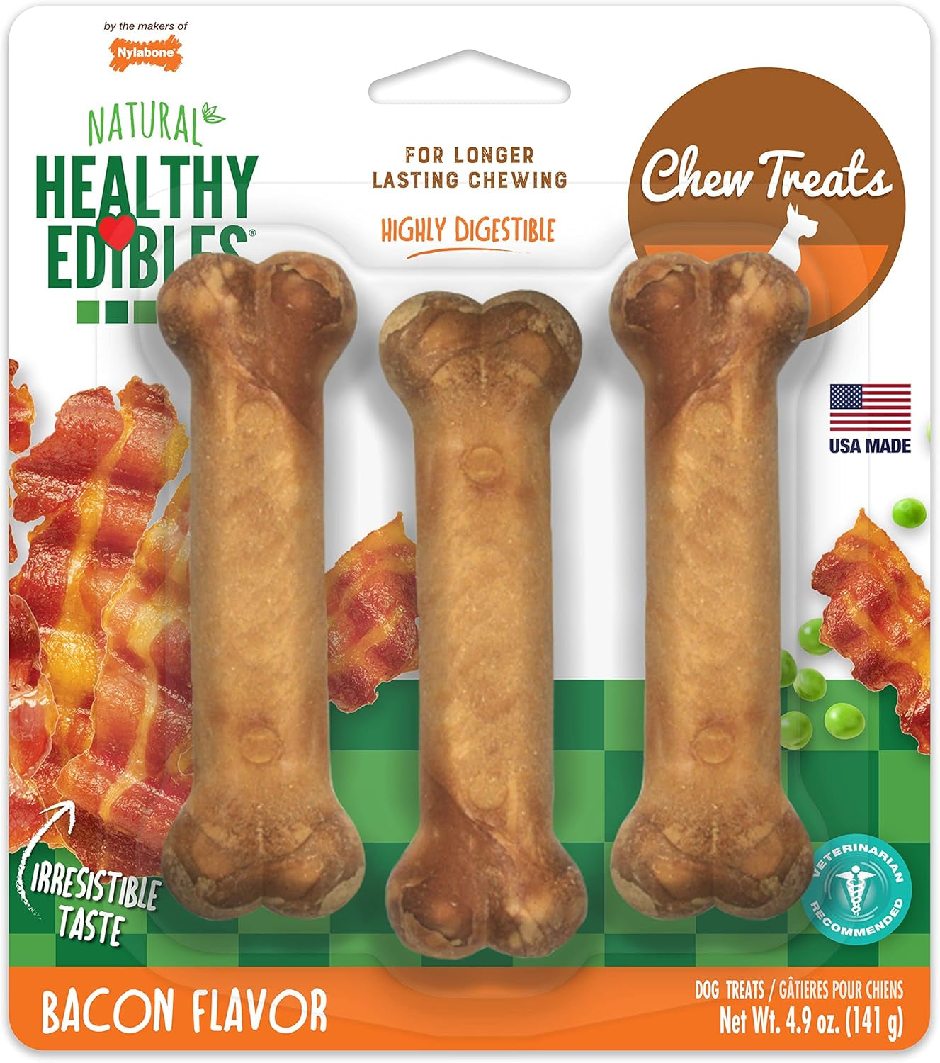 Healthy Edibles Natural Dog Chews Long Lasting Bacon Flavor Treats for Dogs, Small/Regular (3 Count)