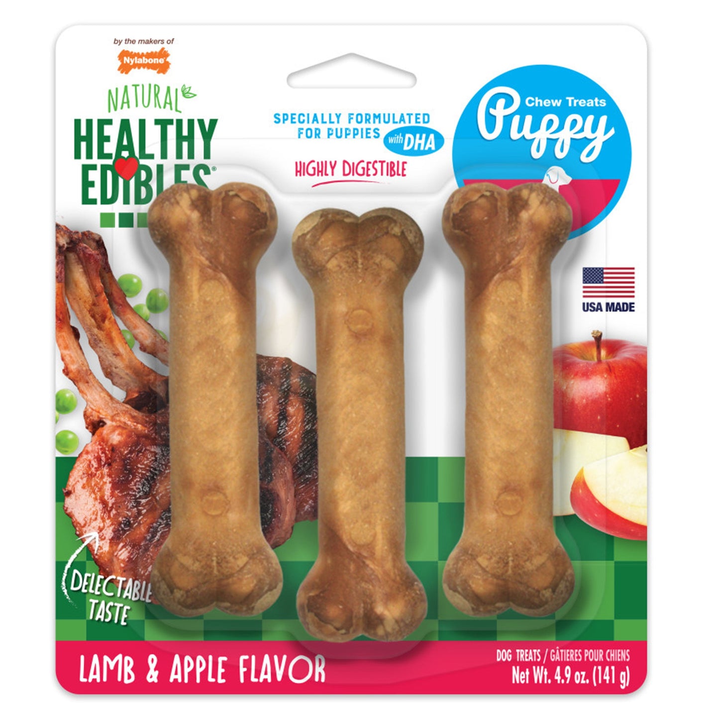 Healthy Edibles Puppy Natural Long Lasting Dog Chew Treats Lamb & Apple/Small/Regular 3 Ct
