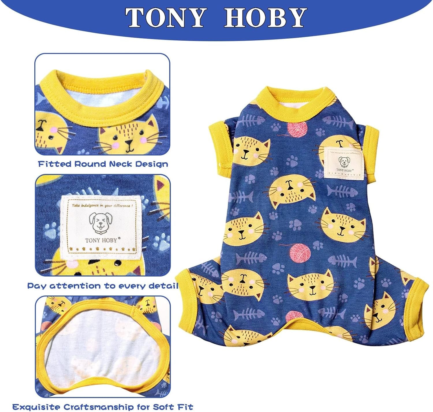 Dog Pajamas with Cute Big Face Cat, Pet Jumpsuit Soft Lightweight Cotton for Small Medium Dog (Blue, Cat, XS)