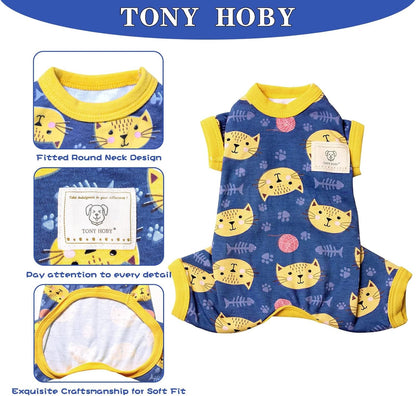 Dog Pajamas with Cute Big Face Cat, Pet Jumpsuit Soft Lightweight Cotton for Small Medium Dog (Blue, Cat, XS)