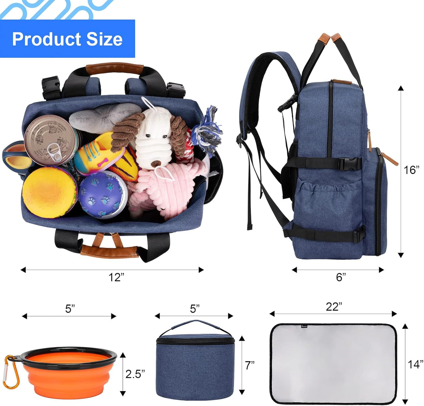 Dog Travel Bag - Airline Approved Backpack for Pet Accessories Organizer, Tote Weekend Bag with 2 Dog Food Containers, 2 Collapsible Bowls, 1 Pet Mat, Blue