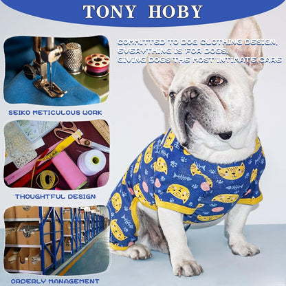 Dog Pajamas with Cute Big Face Cat, Pet Jumpsuit Soft Lightweight Cotton for Small Medium Dog (Blue, Cat, XS)