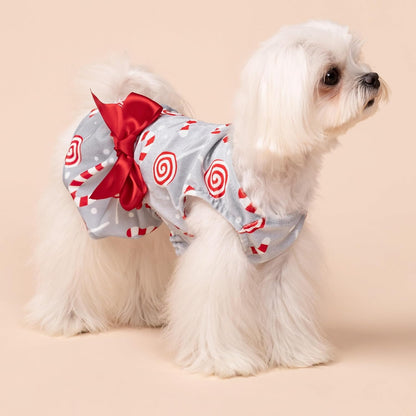 Christmas Candy Canes Dog Dress, Cute Dog Christmas Outfit, Doggy Clothes for Small Dogs Girl, Pet Apparel, Silver, Red, White, Medium